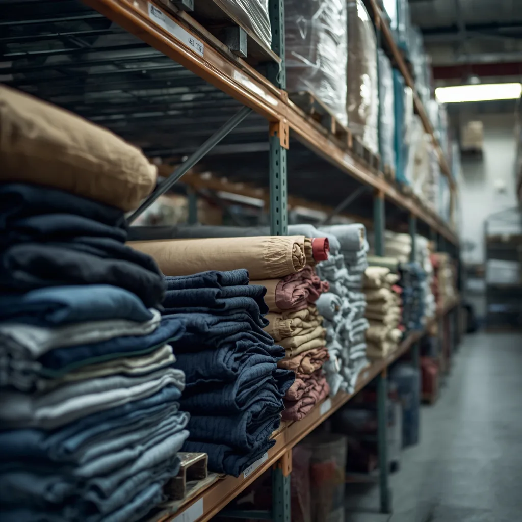 Bodega de distribucion de textiles y ropa con racks organizados, iluminacion industrial y operarios trabajando, fotografia editorial comercial